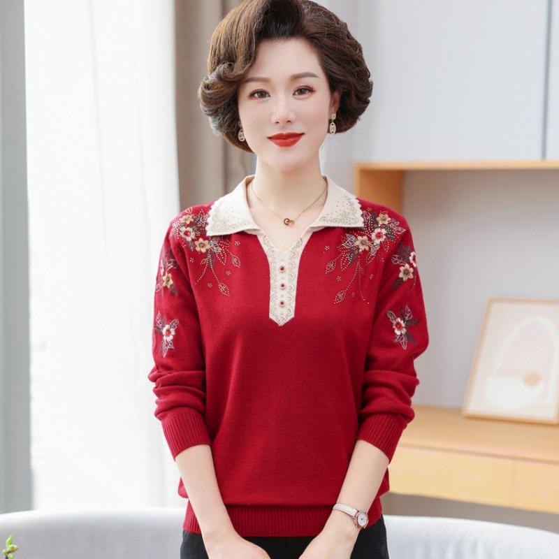 Mom Lapel Knitted Sweater Medium and Old Spring Long-sleeved Sweater Bottoming Shirt Middle-aged Women's New Thin Sweater