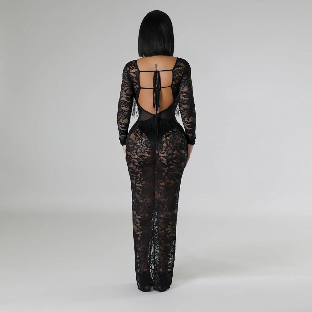 CY901111 European and American new models, fashionable perspective lace dress for women, sexy lace-up backless models
