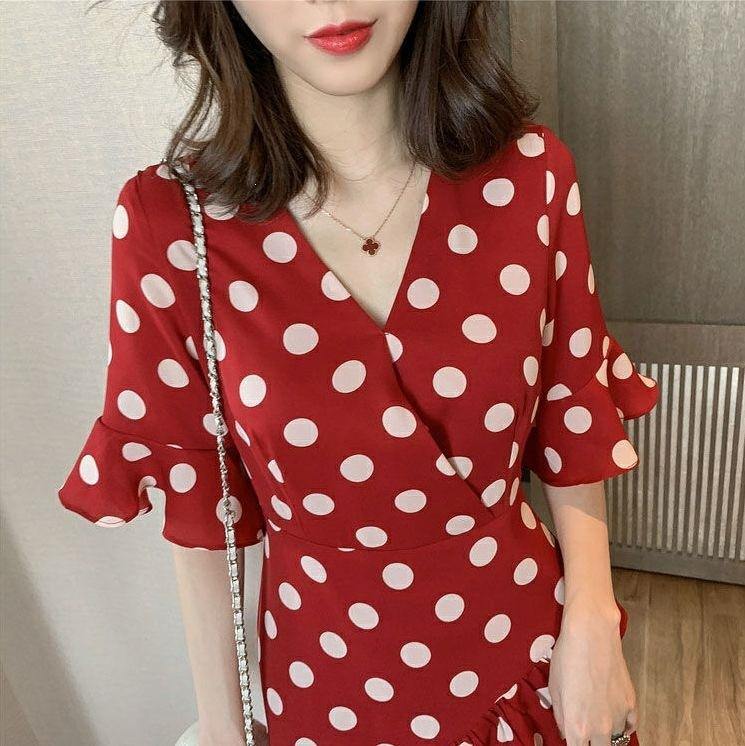 Summer new Korean version medium and long V-neck polka dot ruffle edge waist dress women's retro slim skirt