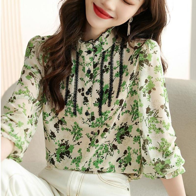 Print Chiffon skjorte våren nye kvinner langermet volanger bluse mote topp