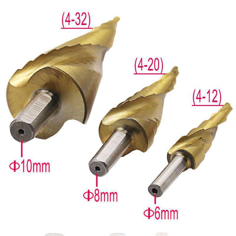 Triangle Shank Spiral Flute Step Drill Bit Set (Sizes 4-12, 4-20, 4-32)