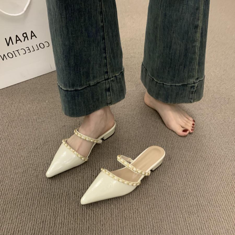 Retro Chain with Bag Head and Half Slippers for Women Wearing Lazy People with One Pedal Temperament Pointed Head Low Heel Mueller Shoes