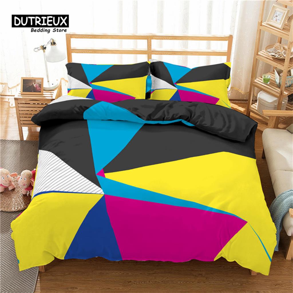 Modern Pink Geometric Bedding Set Soft Microfiber Black Marble Triangles Print Duvet Cover King With Pillowcases Bedroom Decor