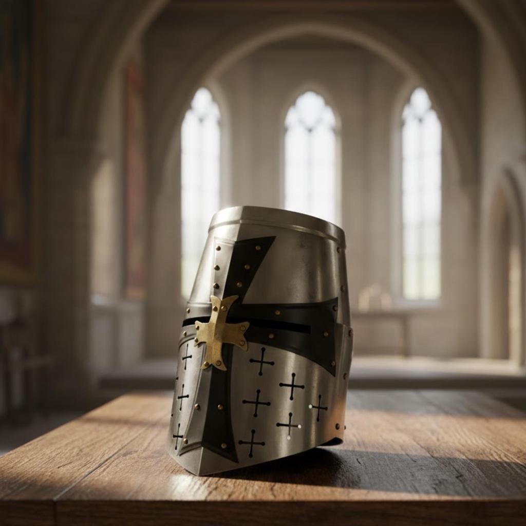 Średniowieczny Hełm Krzyżowca Templariusza, Srebrny Stalowy Hełm Rycerza z Mosiężnym Krzyżem do Kolekcji Cosplay