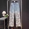 Estação europeia verão novo indústria pesada miçangas strass quente jeans retalhos flor de crochê renda vazada calça reta de perna larga