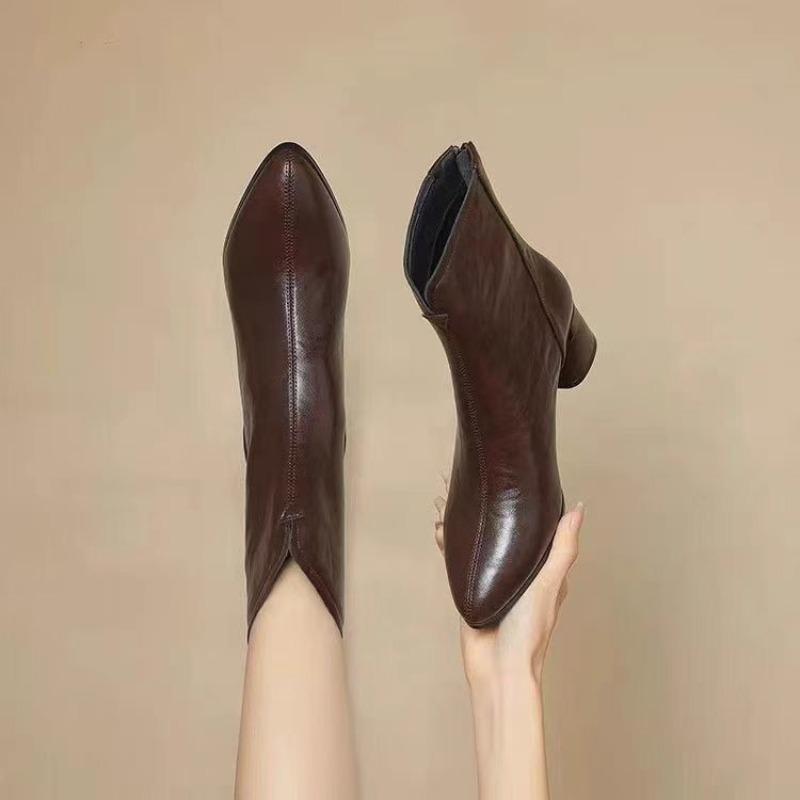 Fashion Block Heel Single Boots Fall New Pointed Toe Spliced Rear Zipper Soft Sole Anti-Slip Wear-Resistant Short Shoe