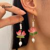 Dangle Pearl Earrings 1 Pair Lotus Flower for Women, Vintage 3D Pink Chinese Style Jewelry Drop Earring, Faux Crystal Floral Hanfu Cosplay Accessories