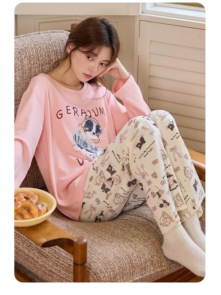 Womens Korean Style Cartoon Pajamas Set with Chest Pad - Long Sleeve, Cute Home Wear for Spring & Autumn (2025)