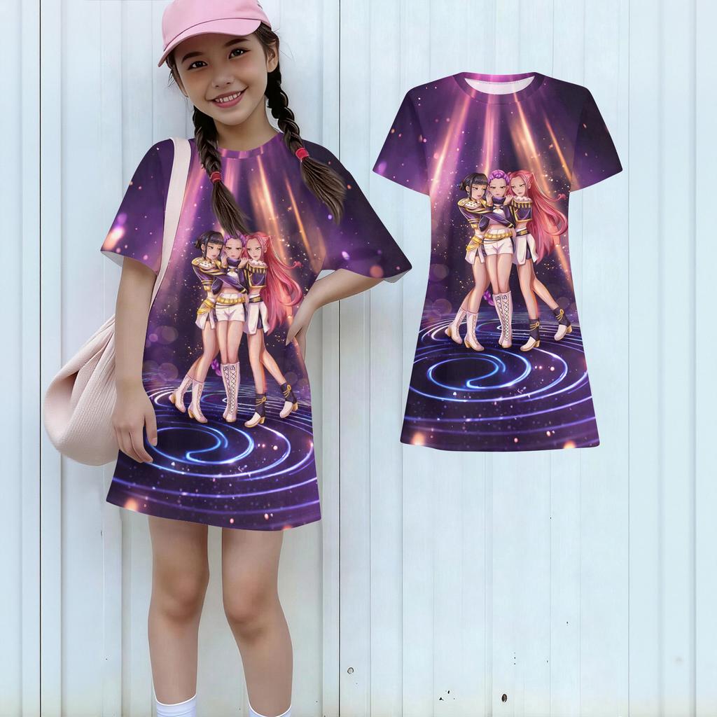 Girls Print Casual Dress Kids Loose Round Neck Short Sleeve Thin Sundress