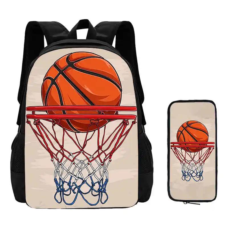 2Pcs Set Basketball Prints School Backpack with Pencil Bags for Kindergarten Cartoon Sports School Bags for BoysKids Backpack