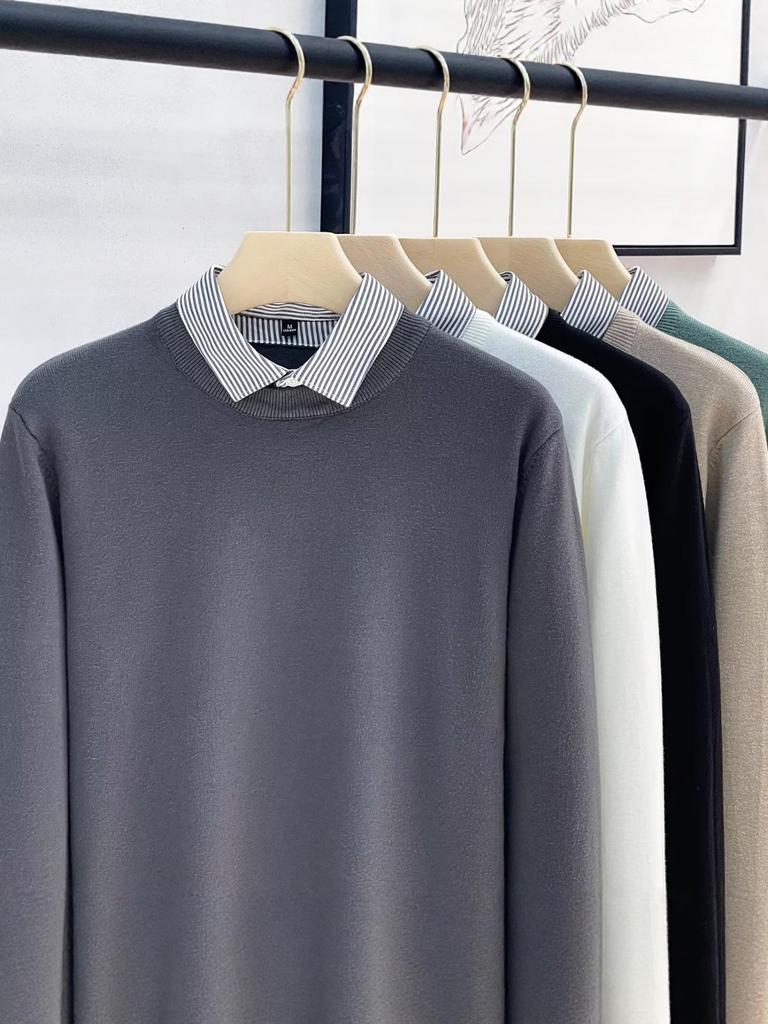 Men's High-End Faux Two-Piece Striped Sweater with Shirt Collar - Versatile Knit Base Layer for Autumn/Winter.