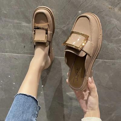 Chaussures beiges pour femmes 2025 Été Mules d'extérieur Sandales de travail Pantoufles pour femmes Sliders Talon bas Faciles à porter I Modèles supérieurs Luxe