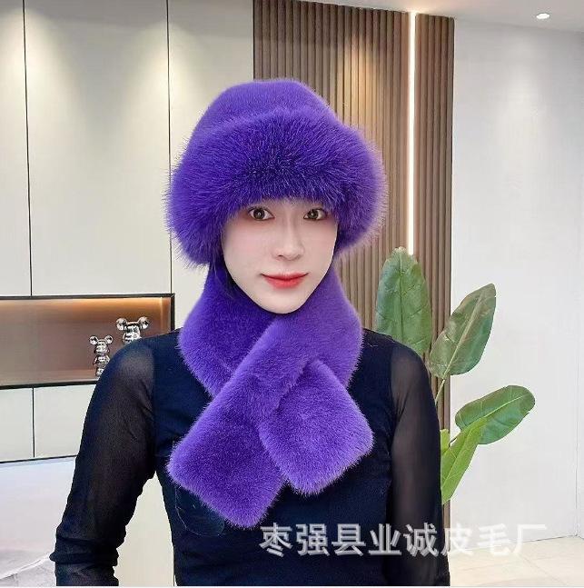 Imitation Mink Hair Winter Women's Scarf Mongolian Hat Plush Hat Set Windproof Thickened Warm Fashionable Ear Hat