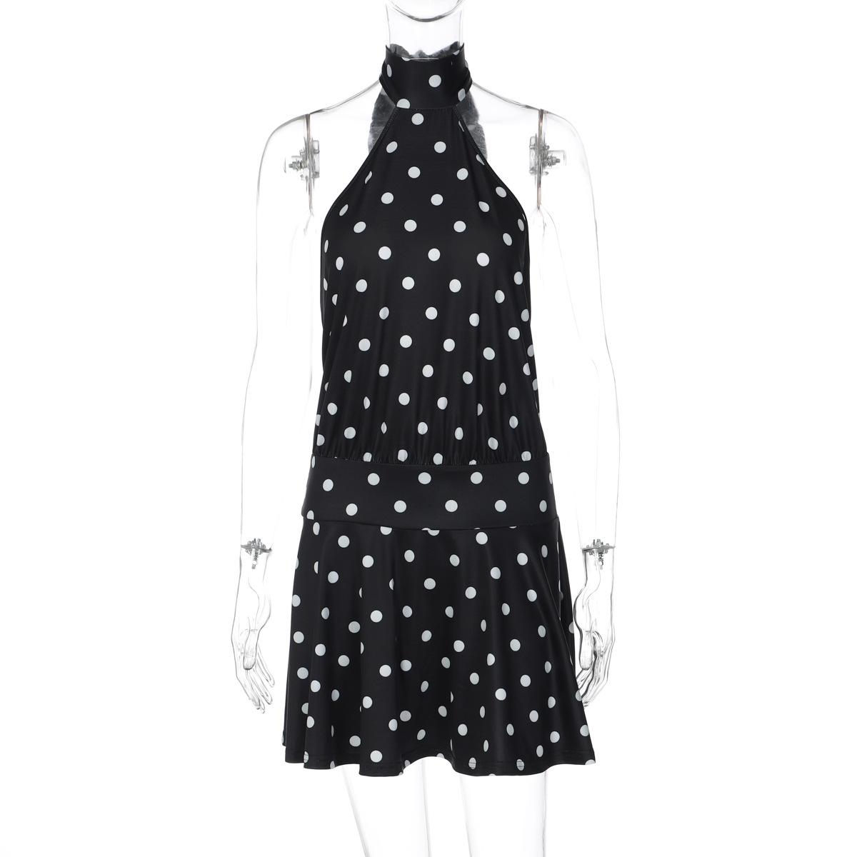 Women Sexy Polka Dot Print Halter Backless Tie Waist High Waist Short A Line Dress S