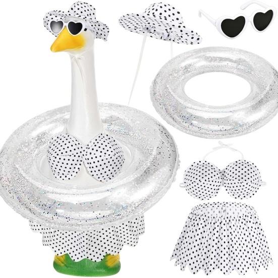 Summer Porch Goose Outfits Funny Goose Costume Set with Pool Float Swim Goggles Swinsuits Hawaiian Luau Style Bikini Set for Outdoor Patio Lawn Decor