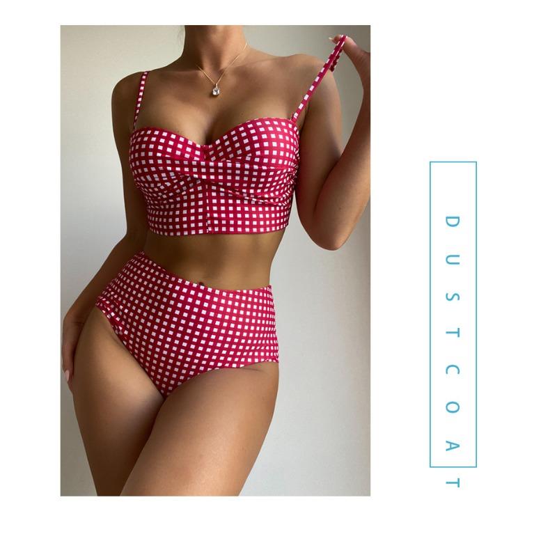 Women Sexy Plaid High Waisted Two Piece Split Bikini Swimsuit For Beach Swimming
