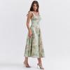 Women Fashion High Waist V Neck Backless Spaghetti Strap Print Ankle Length Trendy Design Dress