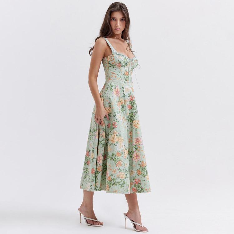 Women Fashion High Waist V Neck Backless Spaghetti Strap Print Ankle Length Trendy Design Dress