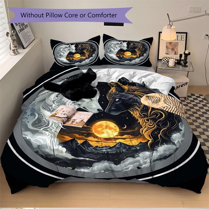 3pcs Yin Yang Wolves Printed Quilt Set - Includes 1 Quilt Cover and 2 Pillowcases, Machine Washable - Suitable for All Seasons.J105
