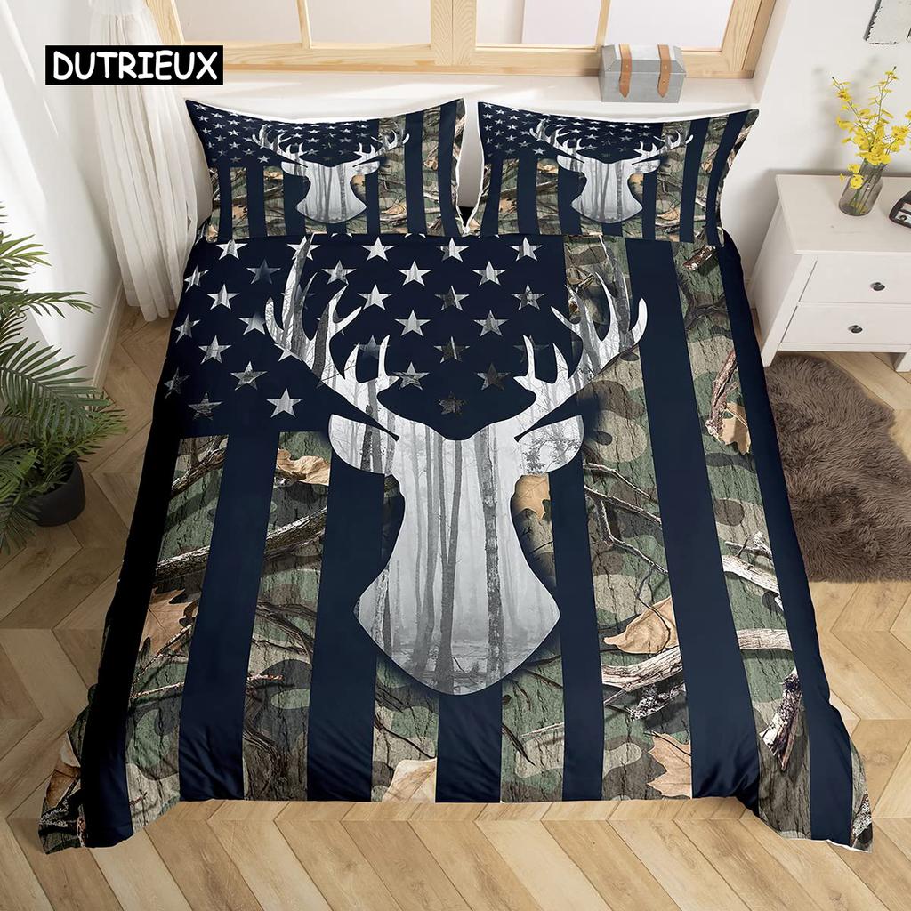 Camo Deer Duvet Cover Set Antlers Arrow Pattern Bedding Set Stripes Gird Camouflage Comforter Cover Microfiber King Quilt Cover