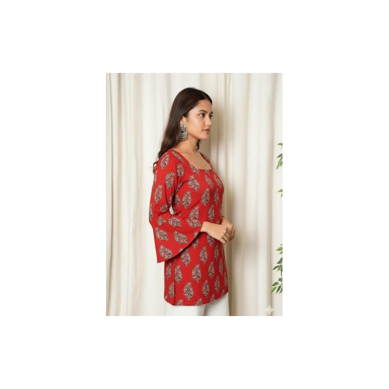 Gosriki WomenS Rayon Viscose Kurti, Stylish Fancy Tops For Women With Floral Print, Long Sleeve (Urit RedGs Red Large