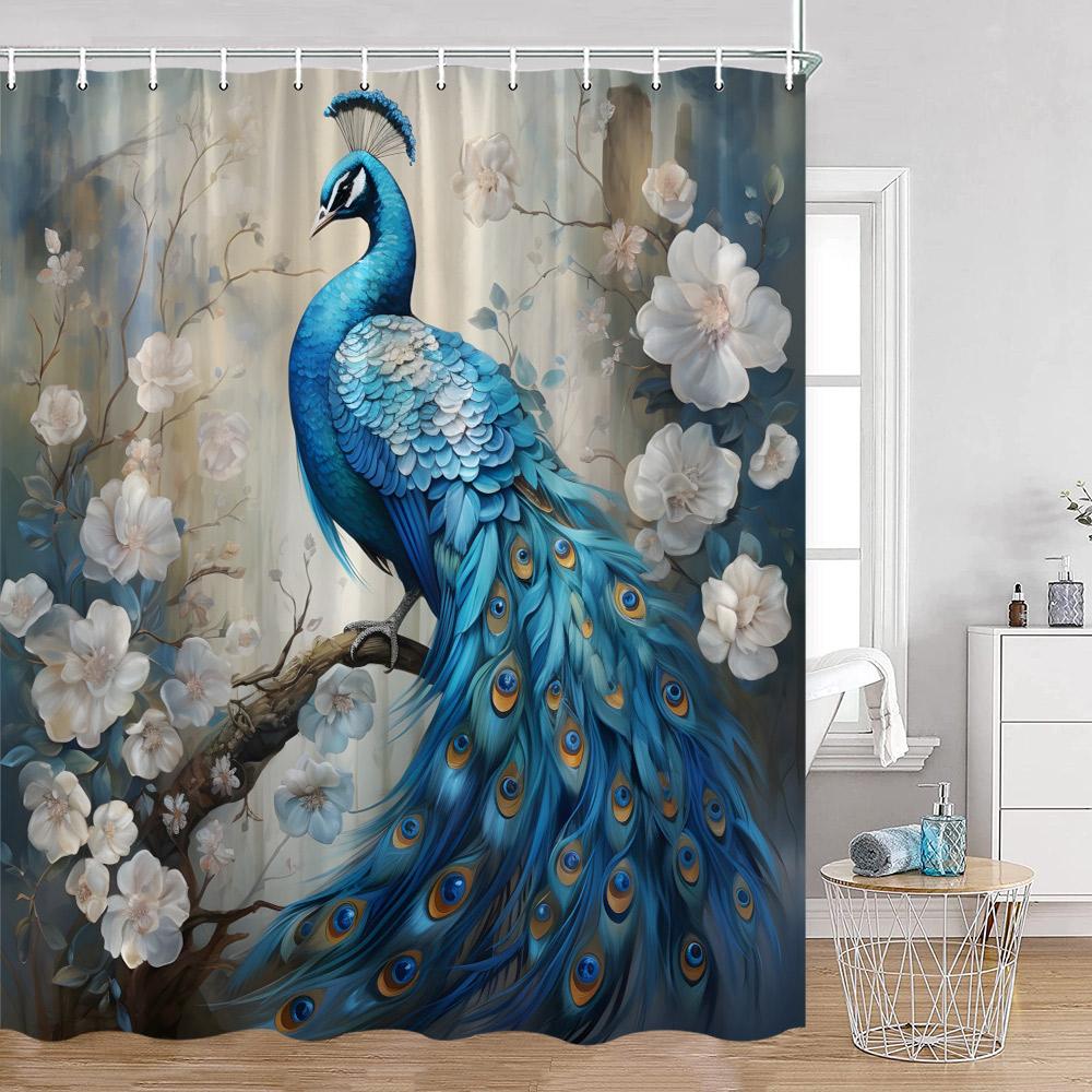 Peacock Shower Curtain Beautiful Blue Bird Pink Flower Tree Chinese Style Elegant Bath Curtain Modern Bathroom Decor with Hook