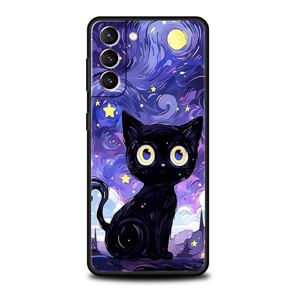 Artistic Black Cat Starry Night Phone Case For Samsung Galaxy S25 Edge S24 Plus S23 FE S22 S21 S20 Ultra 5G S10 Protect Cover