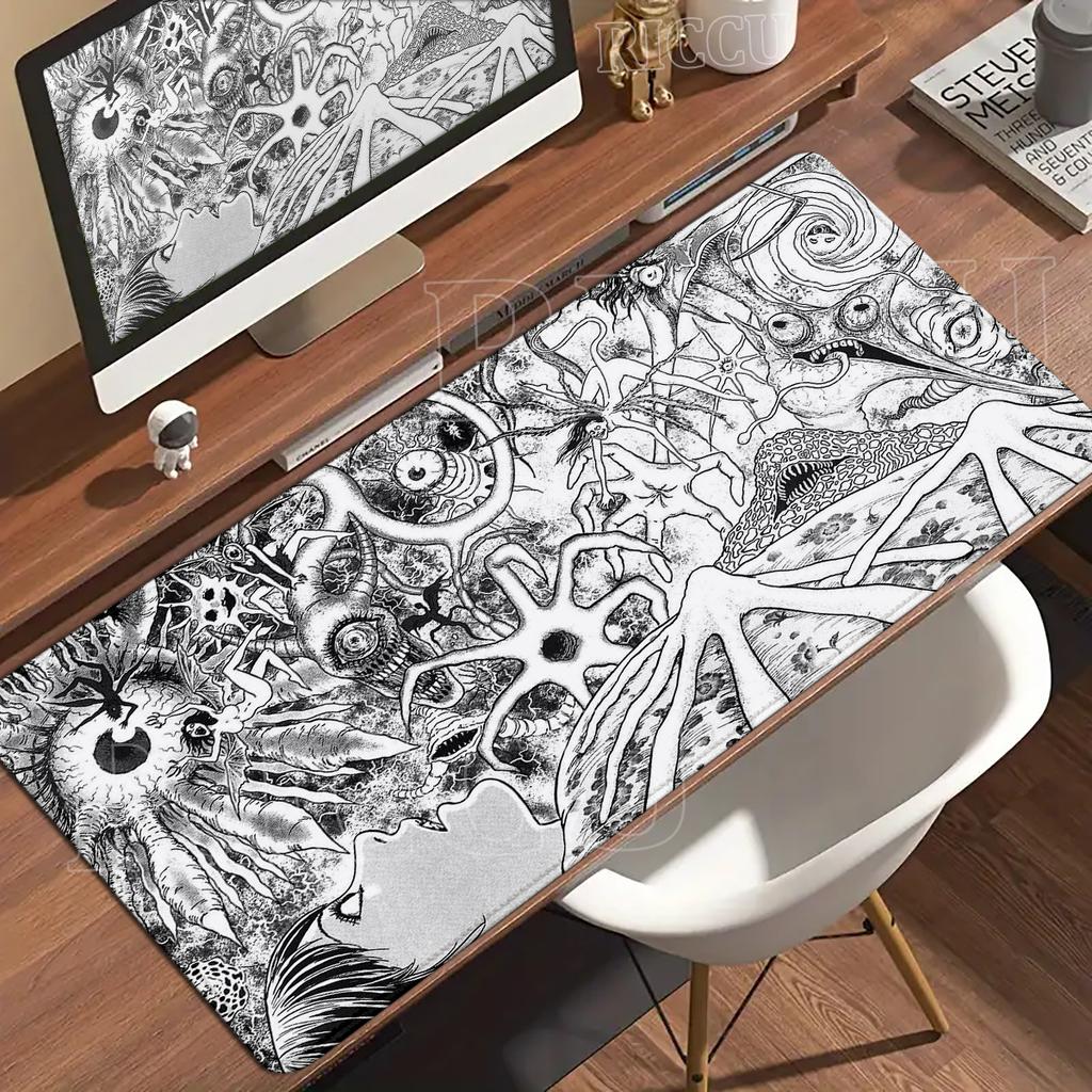 Schwarz-Weiß-Mauspad XXL HD Anime-Mädchen Schreibtischunterlage Erweiterte Gaming-PC-Tastaturmatten Große Gamer-Collage Horror-Anime-Mauspad