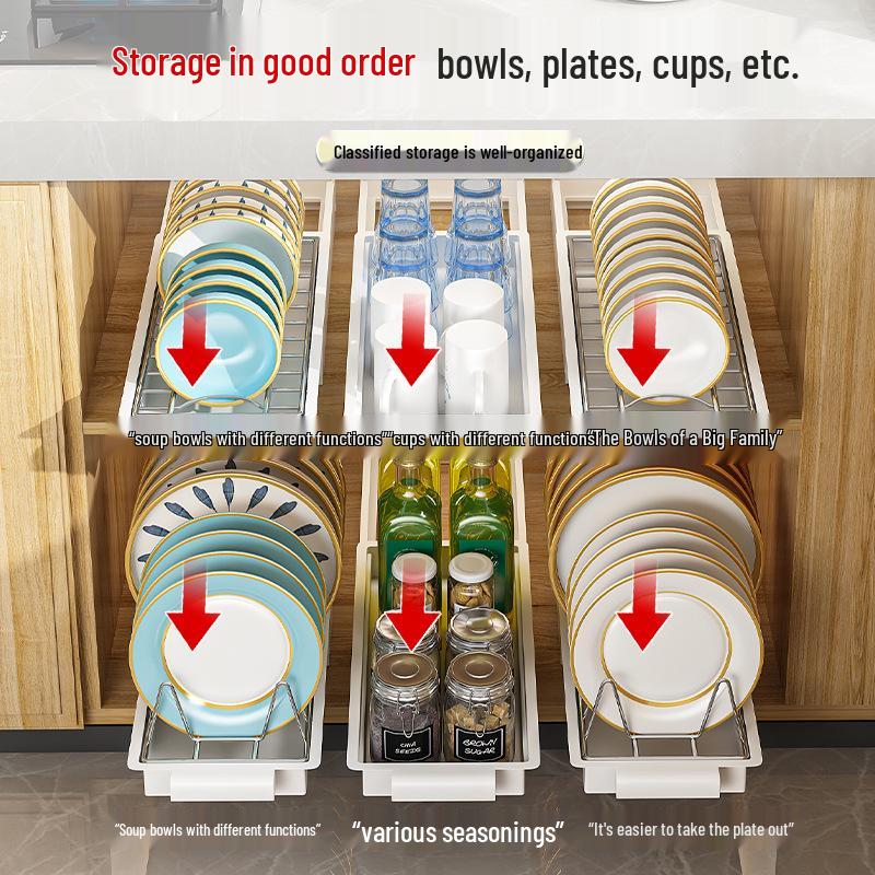 Tiered In-Cabinet Pull-Out Dish Rack for Plates and Bowls