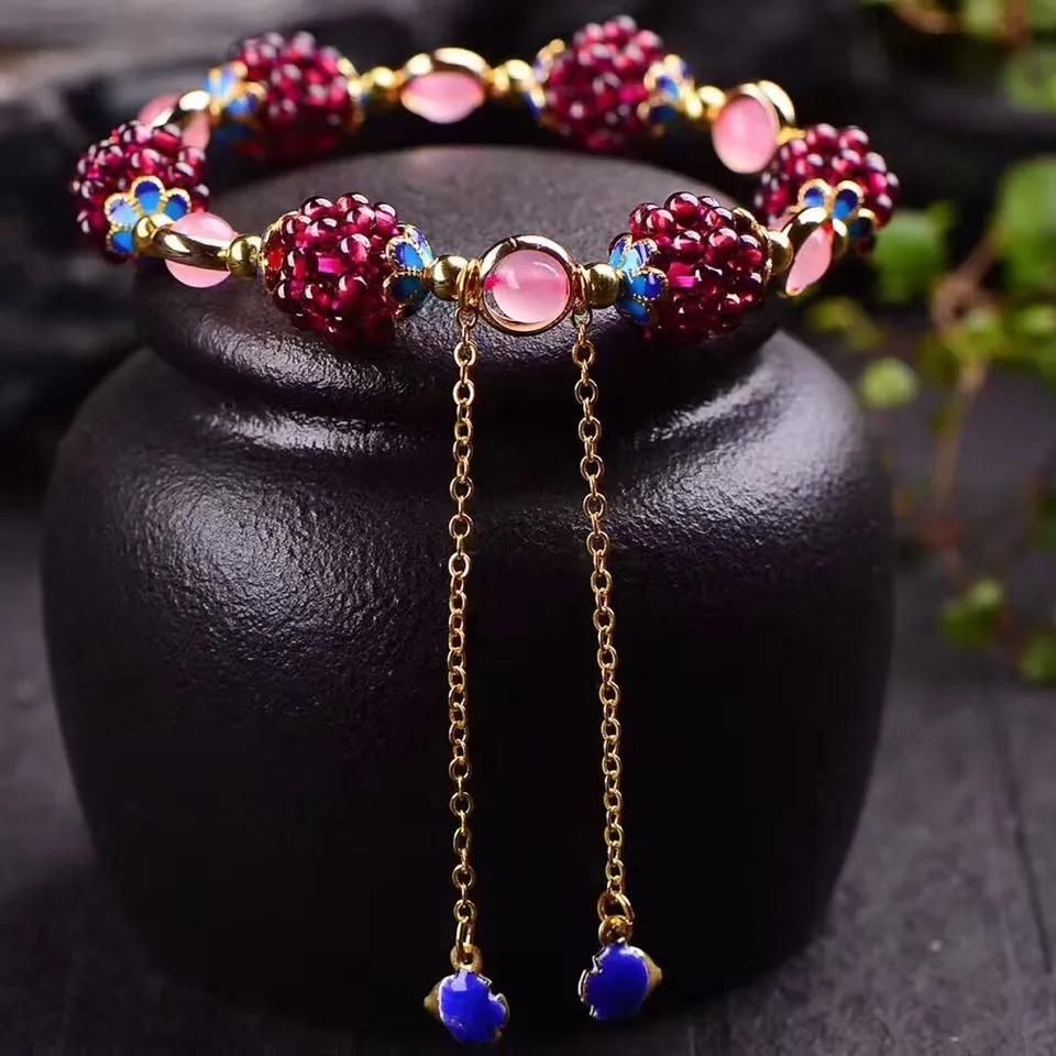 Natural Garnet Woven Ball Bracelet Hollow Garnet Small Fish Bracelet Single Loop Fashion Women's Bracelet