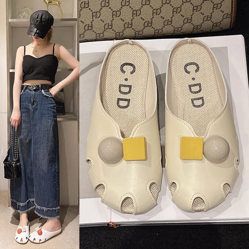 Fashion Shoes Women Loafers Slippers Summer Slides Low String Bead Pantofle Cover Toe Soft 2025 Flat Casual Rome Fabric Rubber Hoof Hee