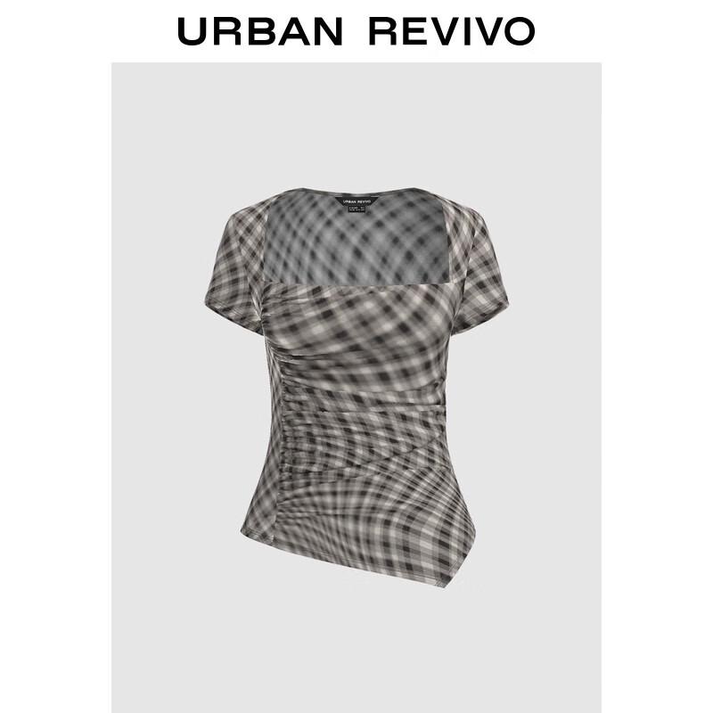 UR Women s Retro Plaid Pleated Waist-Cinching Blouse M