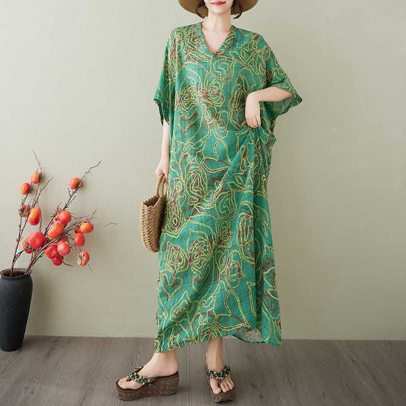 Vestido Largo Vintage para Mujer con Estampados de Algodón y Lino