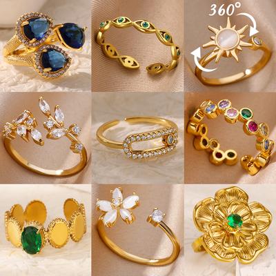 Luxury Zircon Flower Stainless Steel Rings Zircon Adjustable Ring Women Wedding Anti Fading Zircon Vacation Accessories Gift