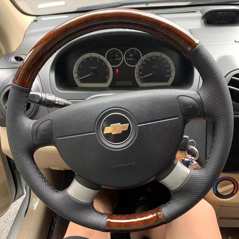 DIY Black Perforated Wooden leather Car Steering Wheel Cover for Chevrolet Lova Aveo Buick Excelle Daewoo Gentra 2013-2015