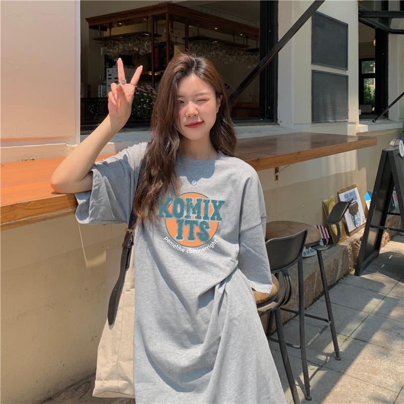 Cotton Summer New Korean Loose Letter Printing Student Slit Short Sleeve Mid-length Dress for Women