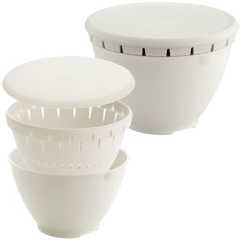 RISU Sorrow Bowl and Colander Set of 2, White, Made In Japan, with Lid, Heat-Resistant, Microwave- and Dishwasher-Safe, Easy To Clean, Plastic Bowl, C