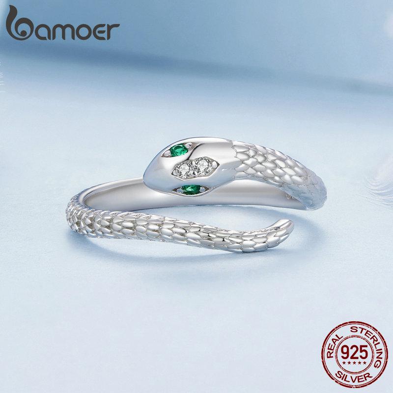 BAMOER 925 Sterling Silver Spinel Serpe Inel reglabil Snake Solzi Inel de deschidere Placat cu platina Bijuterii fine pentru femei