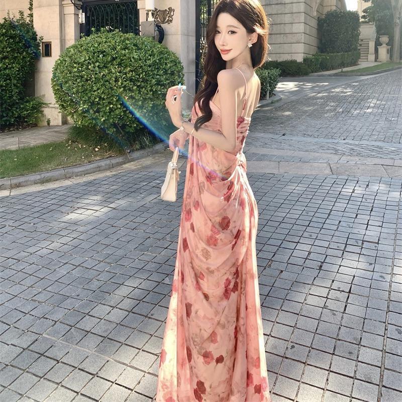 Hainan Seaside Vacation Long Dress French Green Printing Tie-dye Tube Top Suspender Dress Women Mopping The Floor
