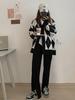Japanese Academy Diamond Pattern Loose Knit Cardigan - Women's Slimming Color Block Sweater