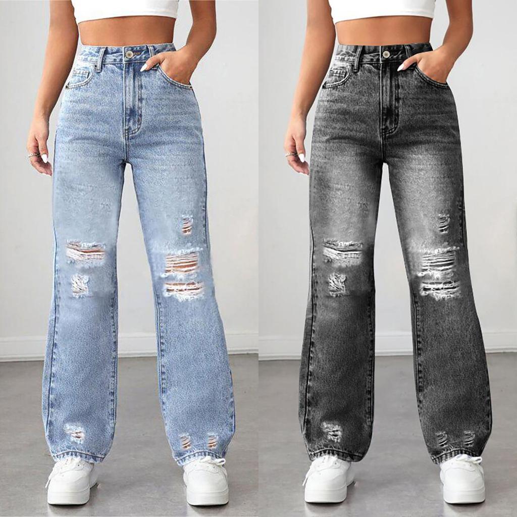 2025 Women's Trendy Ripped Straight-Leg Jeans - European and American Style, Loose Fit