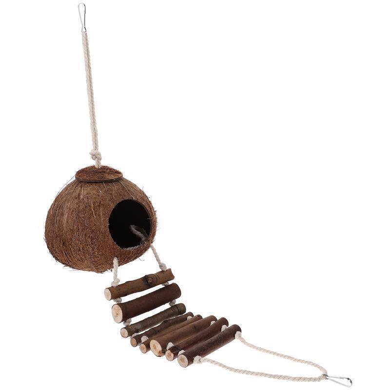 

Hermit Cave Habitat with Ladder Hanging Ring Coconut Shell Delicate Reptile Hideout Resin Wooden Accessories Ladders 13x13x16cm