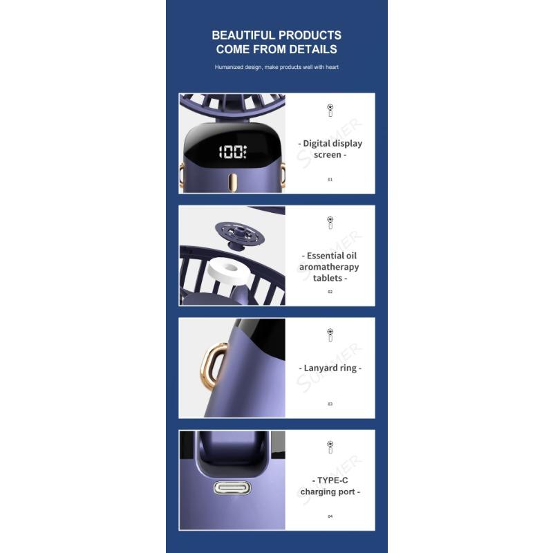 Mini ventilator portabil USB, pliabil, portabil, agățat pentru gât, ventilator reîncărcabil prin USB cu 5 viteze, cu suport pentru telefon și ecran de afișare