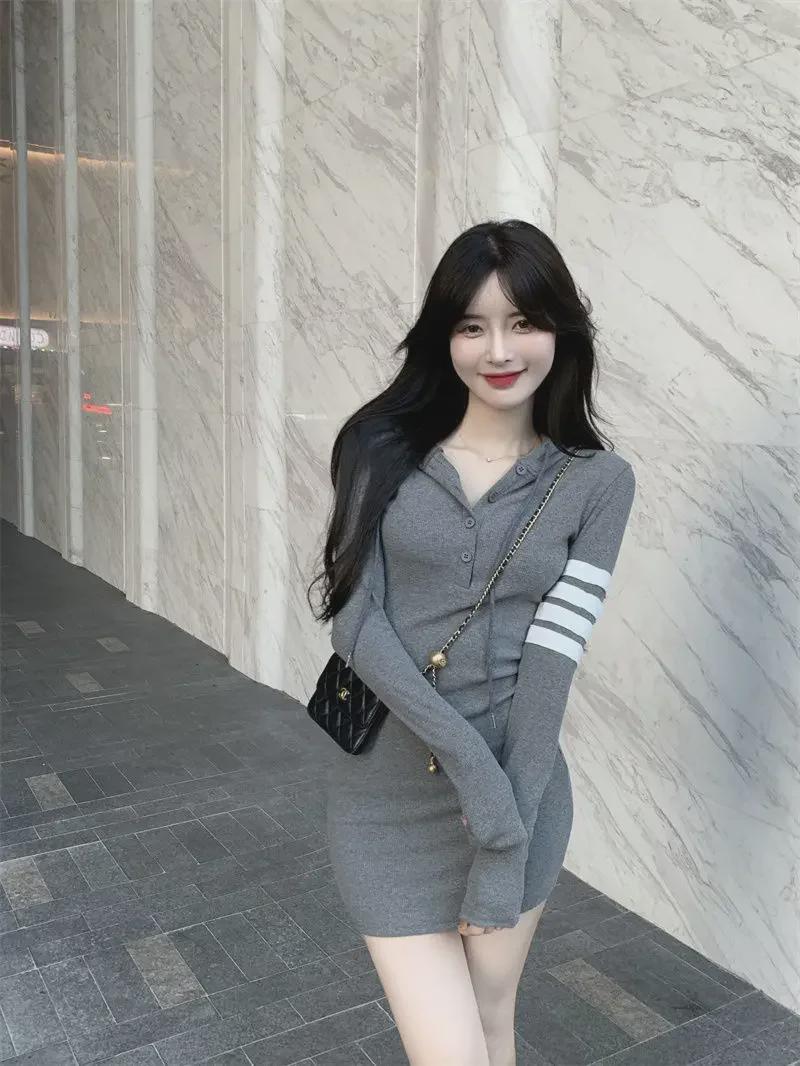 

Korean Slim-Fit Hooded Long-Sleeve Spring Dress for Women Medium серый