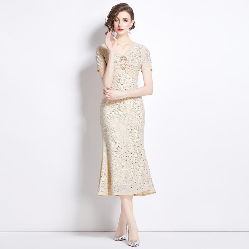 Luxury Rhinestone Mesh Mermaid Birthday Party Dresses Women's V-Neck Exquisite Buttons Short Sleeve Dresses For Formal Occasions