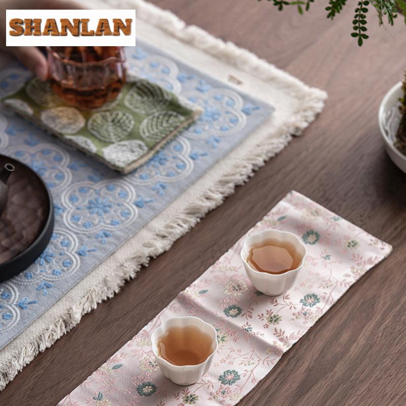 Brocade Flowers Tea Towel Antique Tea Cup Pad Dish Towels For Kitchen Tea Napkins Household Tea Cloth Drinkware Accessories Gift