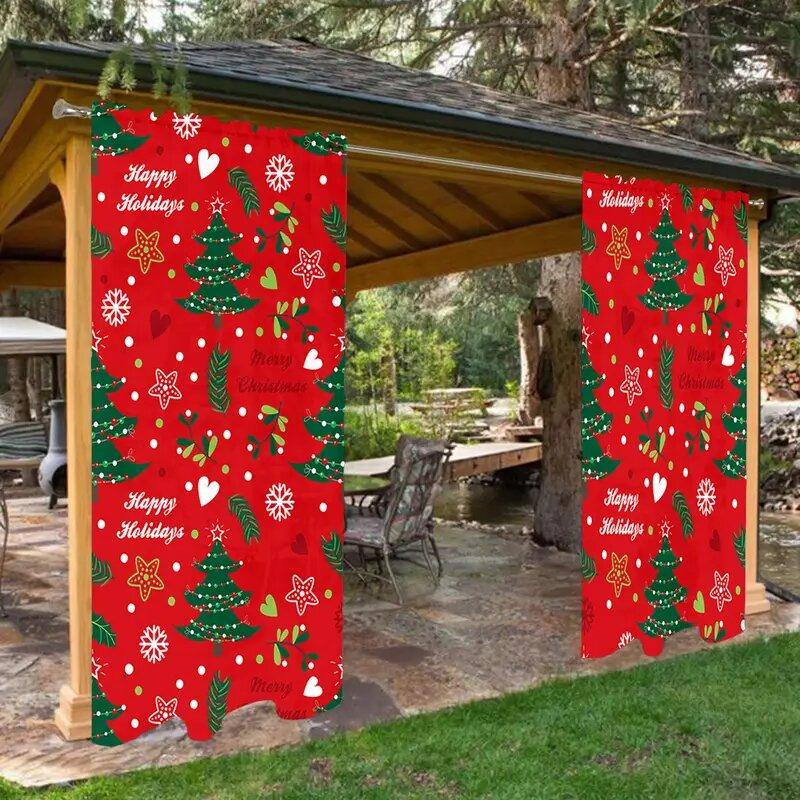Set Of 2 Red Christmas Tree Snowflake Print Curtains Pole Bag Home Decoration Room Curtain Polyester