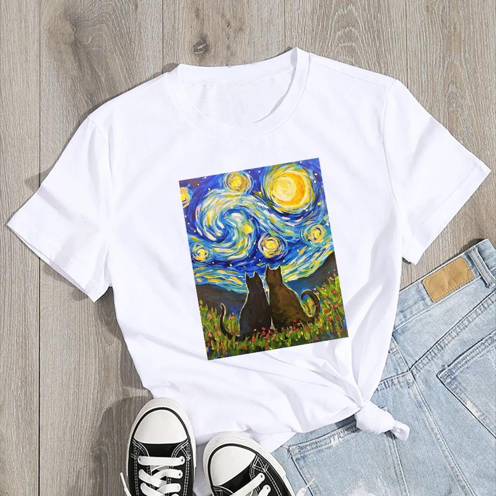 Van Gogh Starry Night Cat in the Print Dámské oblečení Tričko Estetický vzor Bílé Dámské tričko Polyester s krátkým rukávem