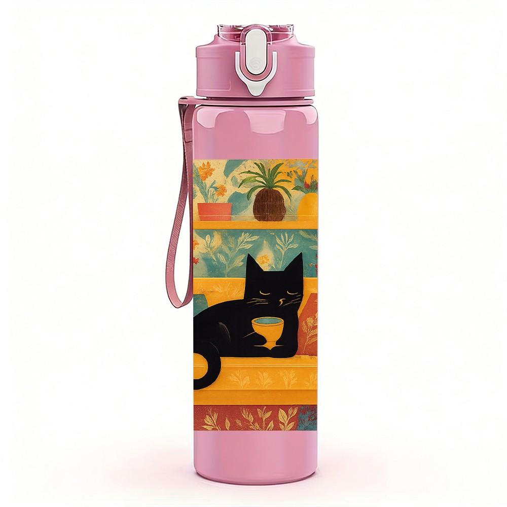1PC Black Cat Color Block Frame 750ml Color Plastic Sports Water Bottle Leakproof Flip Straw Lid For Sports Office Home Use