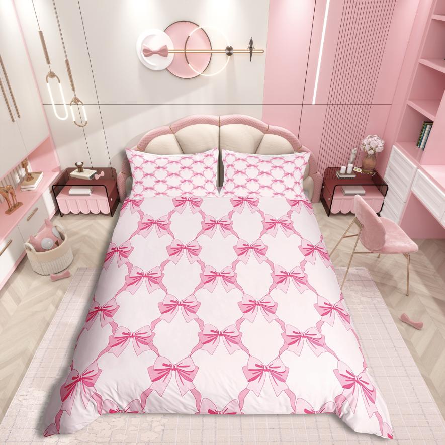 Homewish Cute Bowknot Duvet Cover SetLove Heart Print For Teens Bedding SetDreamy Princess Decor